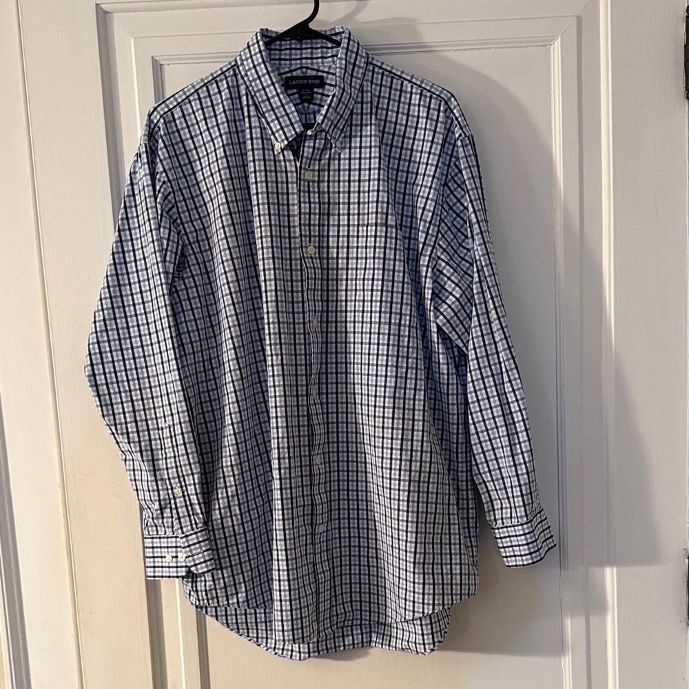Lands' End Men's Blue and White Checkered Shirt